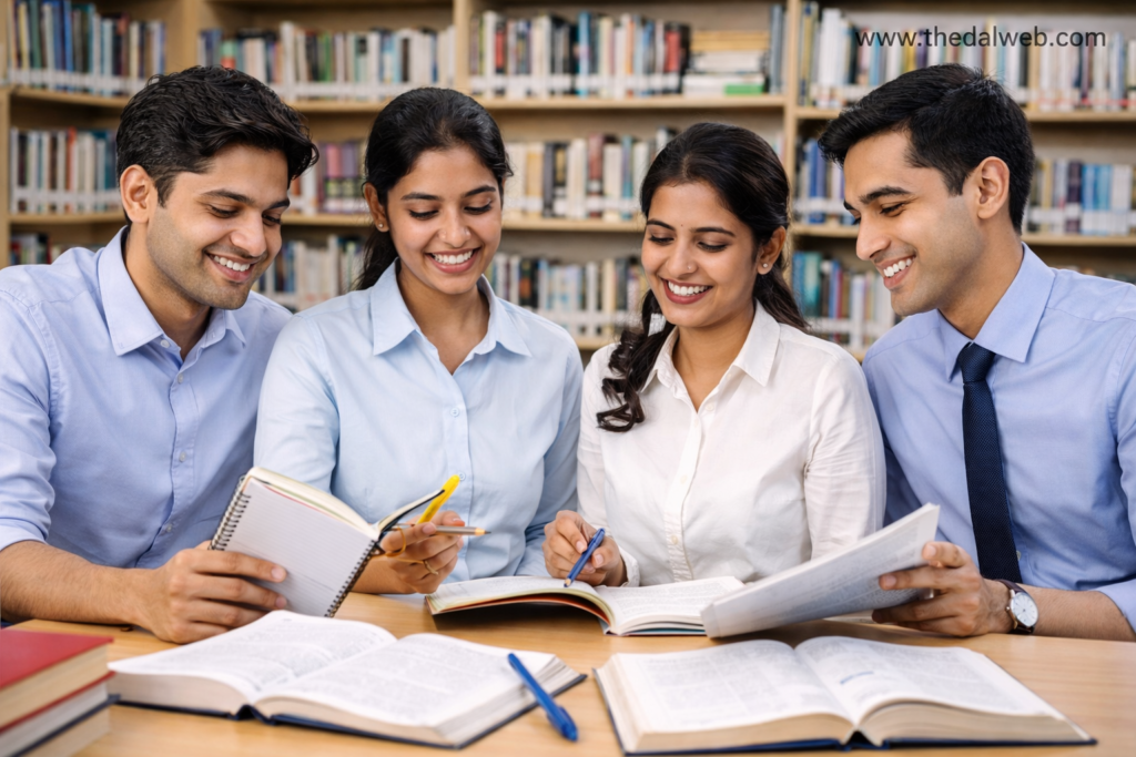 A group of students in a library discussing and sharing notes with a smile.