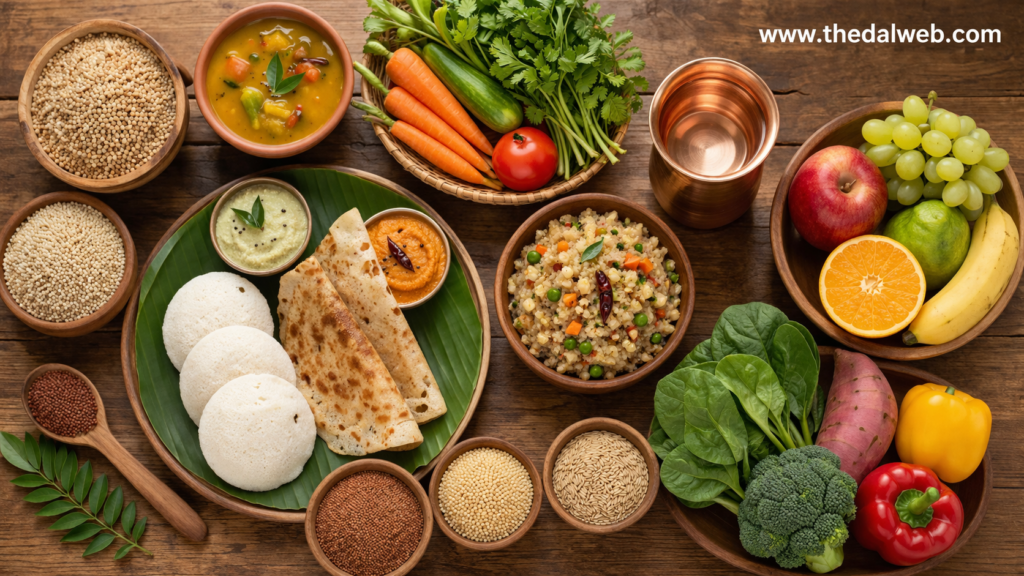 Traditional South Indian healthy food platter with millets and vegetables