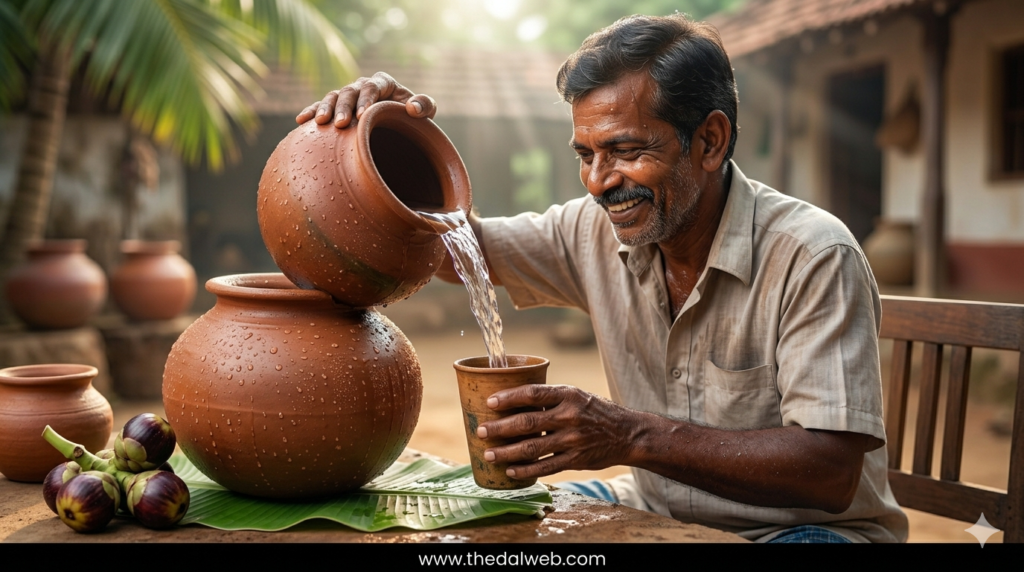Natural cooling with clay pot water during summer.