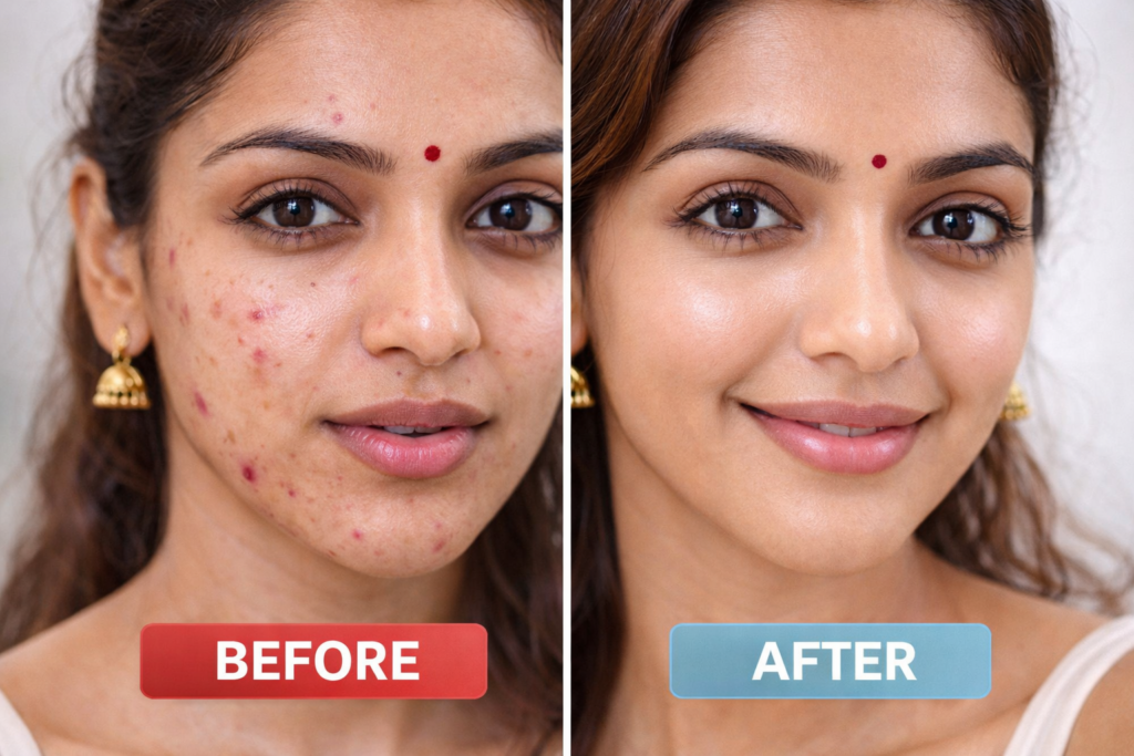 Before and after pimple treatment result
