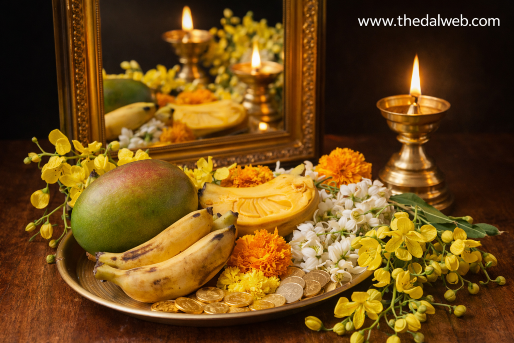 Traditional Chithirai Kani setup for Tamil New Year.