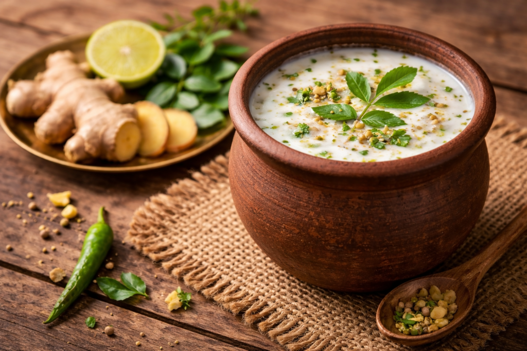 Traditional Tamil buttermilk in a clay pot for body cooling