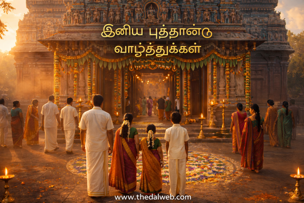 People celebrating Tamil New Year in traditional attire.