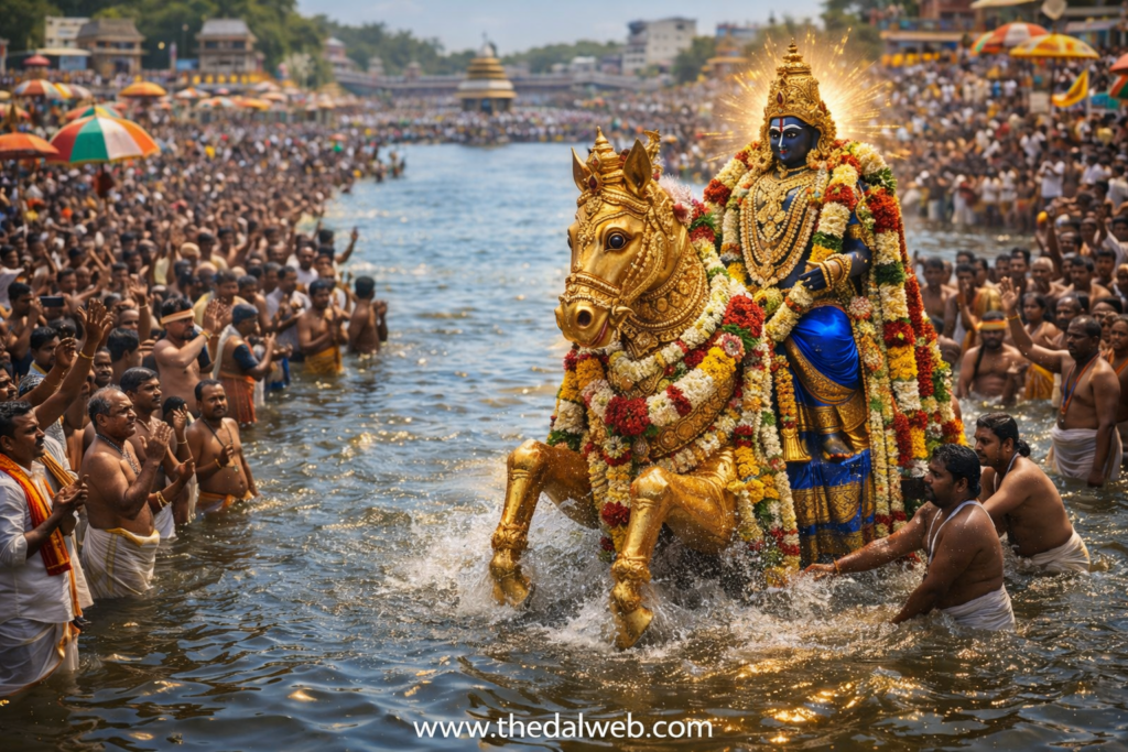 Vaigai river in Golden Horse Vahanam Thedalweb 🏹 மதுரை மீனாட்சி அம்மன் சித்திரை திருவிழா 2026: அழகர் ஆற்றில் இறங்கும் தேதி மற்றும் முழு நேர அட்டவணை! (Madurai Chithirai Thiruvizha 2026 -Tamil Devotional Guide)