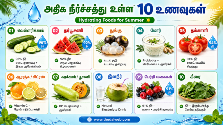 2026 கோடை வெயில்: நீர்ச்சத்து குறைபாட்டைத் தடுத்து உடலை ‘ஜில்’லென்று வைக்கும் 10 இயற்கை உணவுகள் (Tamil Guide)