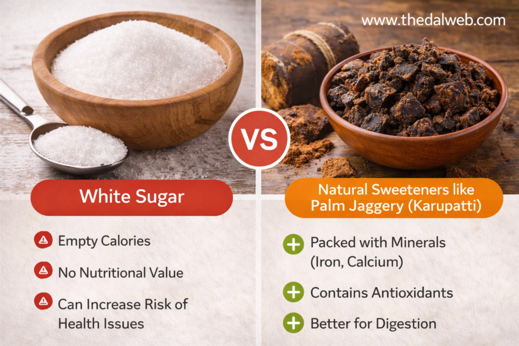 Difference between white sugar and natural jaggery in Tamil