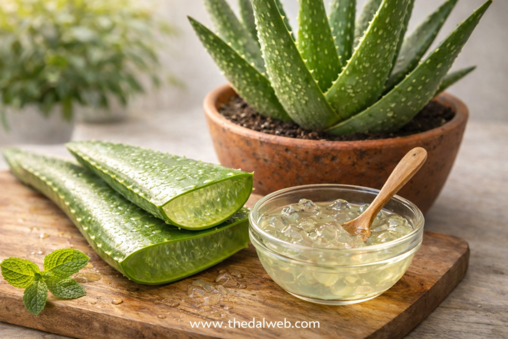 Fresh aloe vera plant and gel for skin treatment