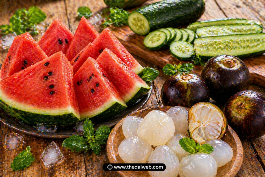 Top water rich foods like watermelon and cucumber in Tamil.