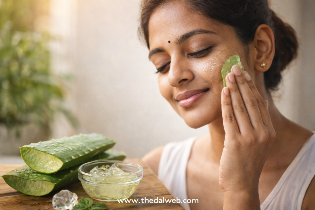 Woman applying fresh aloe vera gel on face Tamil beauty tips.