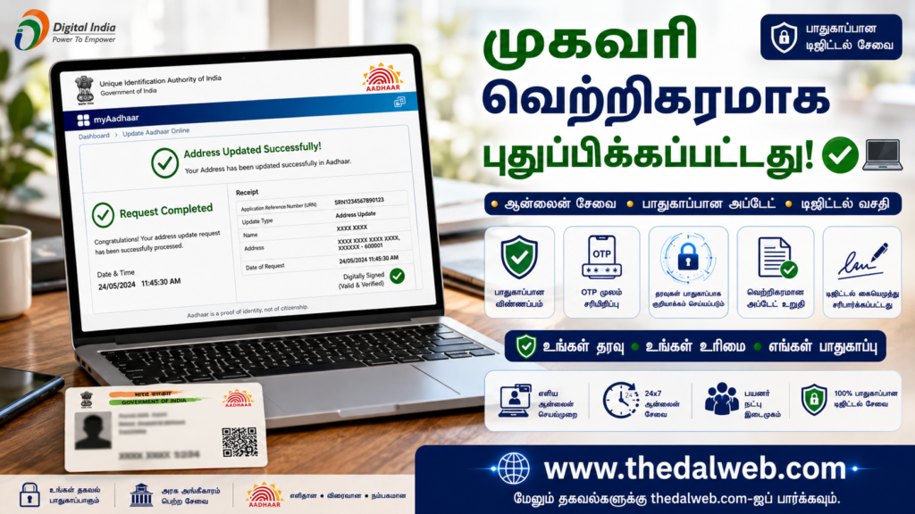 Laptop screen showing successfully submitted Aadhaar address update request with URN number.