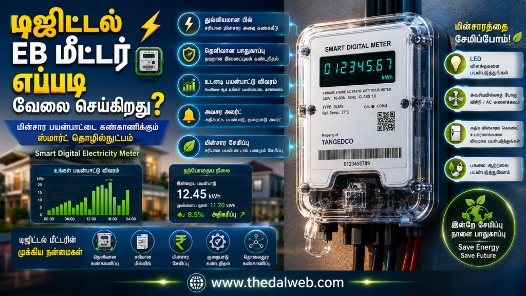 Digital electricity meter showing unit reading in Tamil Nadu.