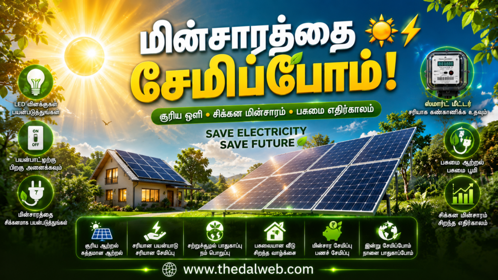 Electricity saving tips and green energy symbols Tamil.