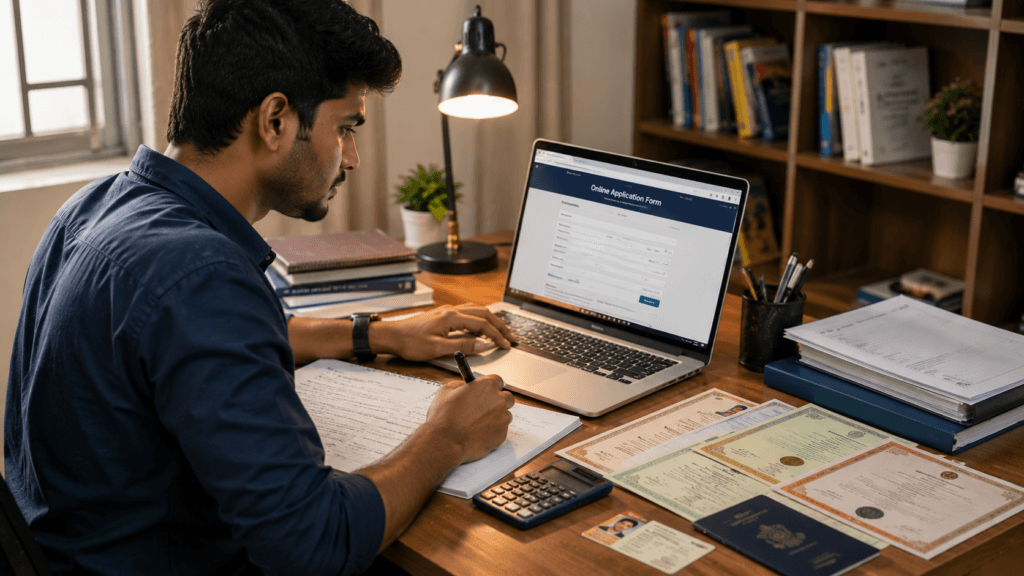 Indian candidate applying online for government exams on a laptop