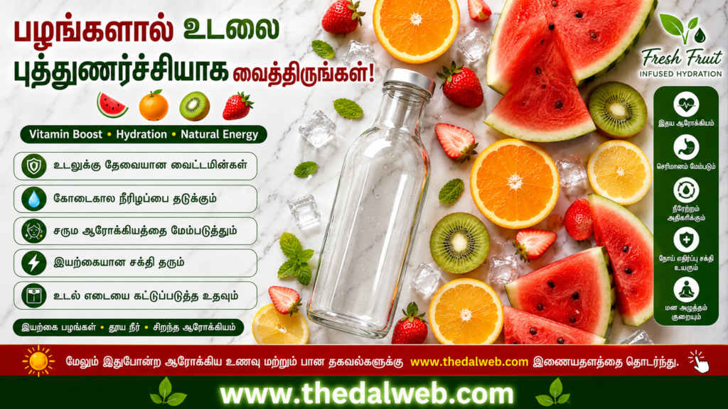 Freshly sliced summer fruits for preparing natural infused water recipes in Tamil