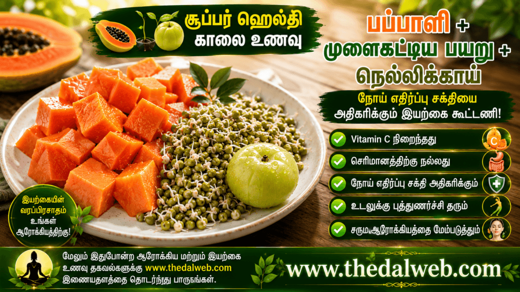 தினமும் காலையில் வெறும் வயிற்றில் சாப்பிட வேண்டிய 5 ஆரோக்கியமான உணவுகள் இதோ! நீண்ட ஆயுள் தரும் ரகசியங்கள் | Healthy Breakfast Tips in Tamil 2026 2 காலை வெறும் வயிறு செரிமானம் தரும் பப்பாளி முளைகட்டிய பயறு தமிழ்
