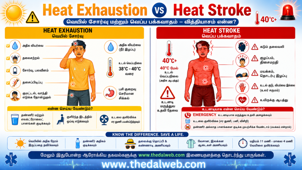 Infographics comparing symptoms of heat exhaustion and heat stroke medical guide