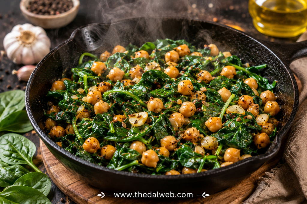 Smoky sautéed spinach and chickpeas Tamil recipe.