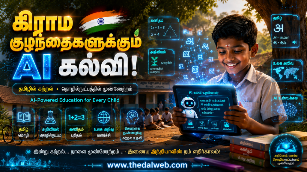 Indian village child using AI educational tablet for learning.