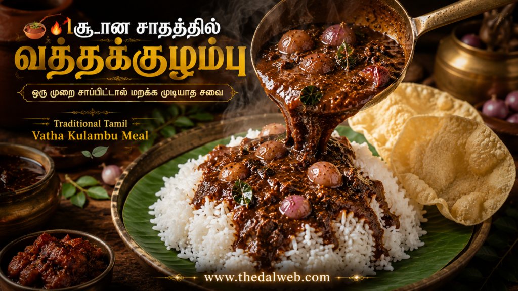நாவூறும் கல்யாண வீட்டு வத்த குழம்பு ரகசியம் அம்பலம்! 2026-ல் ஹோட்டல் சுவையில் செய்வது எப்படி? - Kalyana Veettu Vatha Kulambu 3 Serving spicy vatha kulambu with rice and appalam.