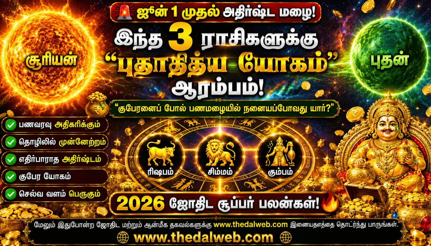 ஜூன் 1 முதல் இந்த 3 ராசிக்காரர்களுக்கு “புதாதித்ய யோகம்” ஆரம்பம்! குபேரனைப் போலப் பணமழையில் நனையப்போவது யார்? 2026 ஜோதிட கணிப்பு | Tamil Budhaditya Yoga Palangal