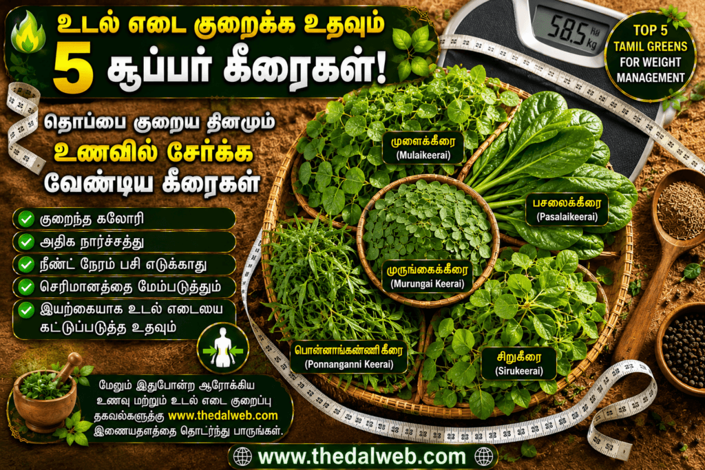 தொப்பையை குறைப்பதே தனி கலை! கோடையில் உடல் எடையை அசுர வேகத்தில் குறைக்கும் 5 நீர்ச்சத்து நிறைந்த தமிழ்நாட்டு பாரம்பரியக் கீரைகள் 2026! | Tamil Weight Loss Greens 1 Five Traditional Tamil Nadu Greens For Fast Weight Loss Concept.