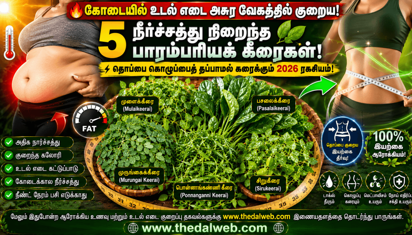 தொப்பையை குறைப்பதே தனி கலை! கோடையில் உடல் எடையை அசுர வேகத்தில் குறைக்கும் 5 நீர்ச்சத்து நிறைந்த தமிழ்நாட்டு பாரம்பரியக் கீரைகள் 2026! | Tamil Weight Loss Greens