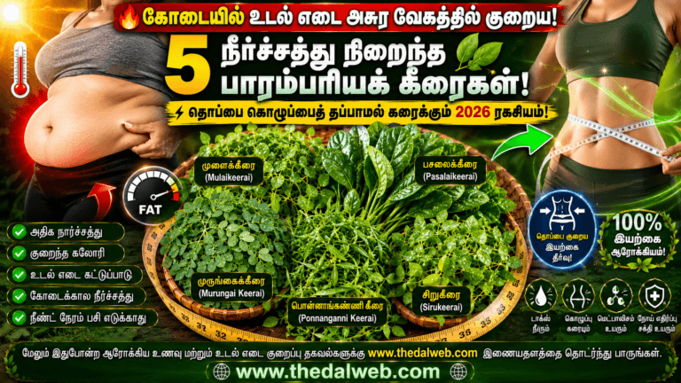 தொப்பையை குறைப்பதே தனி கலை! கோடையில் உடல் எடையை அசுர வேகத்தில் குறைக்கும் 5 நீர்ச்சத்து நிறைந்த தமிழ்நாட்டு பாரம்பரியக் கீரைகள் 2026! | Tamil Weight Loss Greens