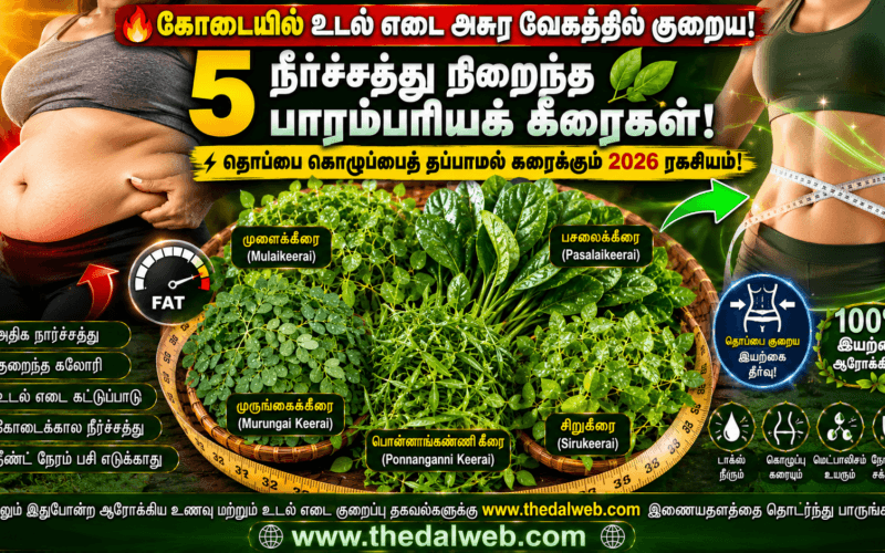 தொப்பையை குறைப்பதே தனி கலை! கோடையில் உடல் எடையை அசுர வேகத்தில் குறைக்கும் 5 நீர்ச்சத்து நிறைந்த தமிழ்நாட்டு பாரம்பரியக் கீரைகள் 2026! | Tamil Weight Loss Greens