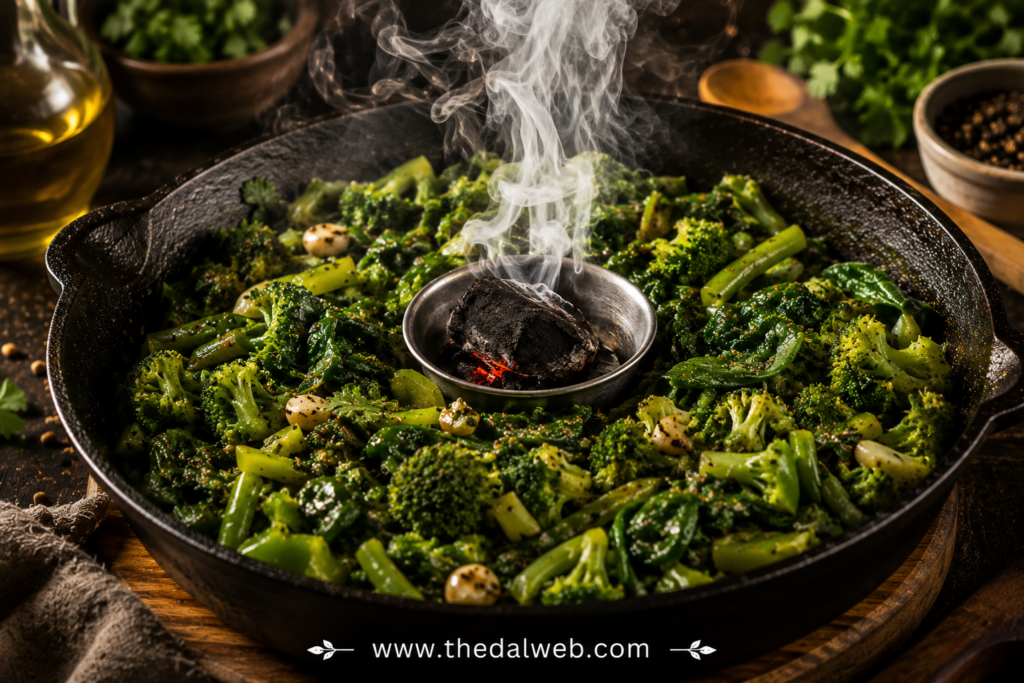 Traditional charcoal smoking technique for spinach in Tamil.