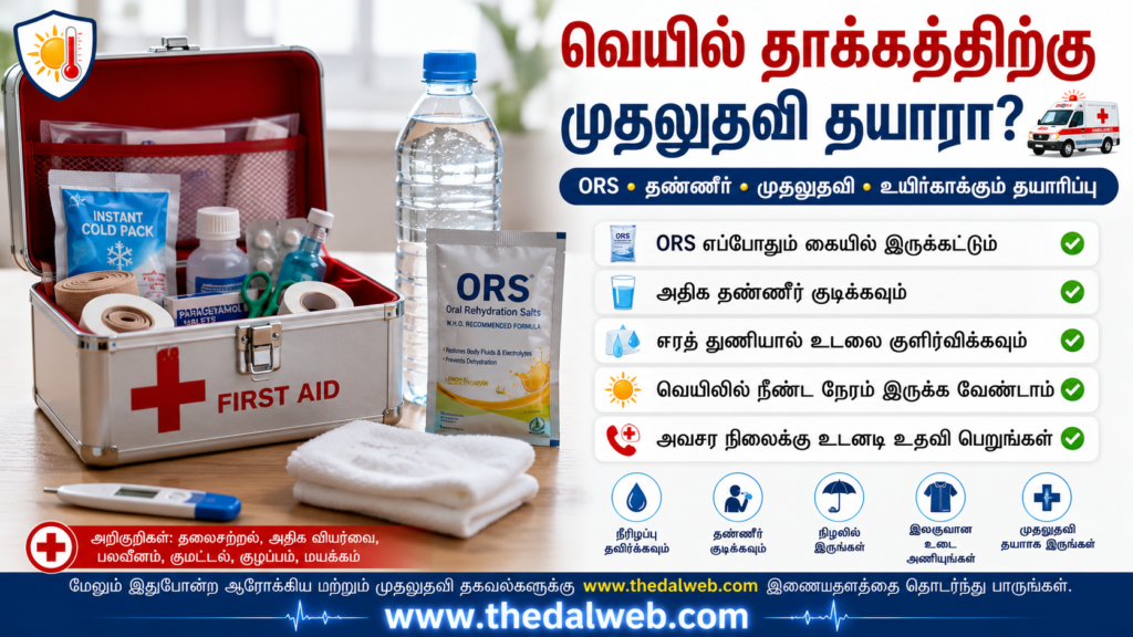 First aid essentials for summer heatwave including ORS and water bottle