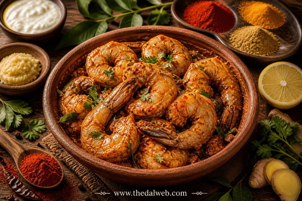 Close-up of marinated prawns with spices, ginger-garlic paste, and yogurt in a clay bowl.