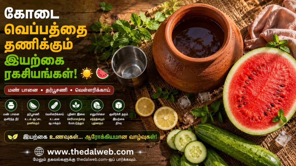 Watermelon, cucumber, and clay pot water for 43C summer protection in Tamil Nadu.