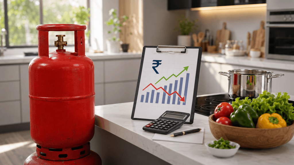 Domestic LPG gas cylinder with price revision concept in Tamil.