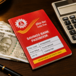 Indian post office passbook with currency notes representing high interest saving schemes in Tamil.