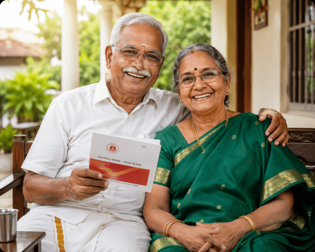 Happy retired Tamil senior citizen couple enjoying financial freedom through SCSS post office scheme.