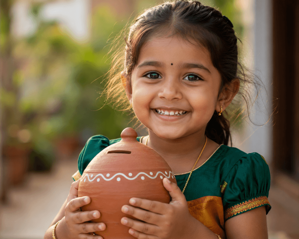 Cute Tamil girl child with a piggy bank representing Sukanya Samriddhi Yojana post office scheme.