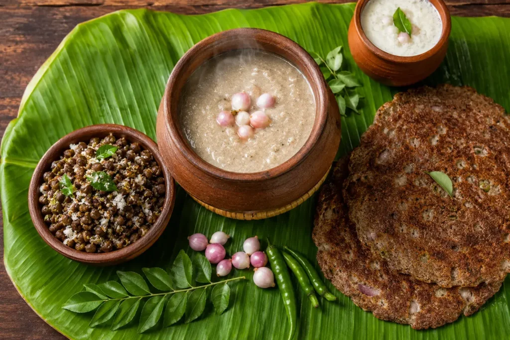 பட்டினி கிடக்காமல் 1 மாதத்தில் 5 கிலோ குறைக்கலாம்! இதோ 7 பாரம்பரிய தமிழ் உணவுகள் 2026! | Traditional Tamil Foods for Weight Loss 1 Traditional Tamil weight loss foods like kambu koozh and ragi அடை served on a banana leaf.