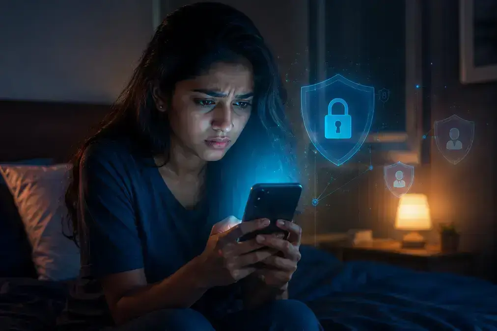 Worried Tamil woman discovering unauthorized activity on her social media account - Facebook Account hacked