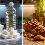 Comparison between harmful processed foods like white sugar and healthy traditional alternatives in Tamil.