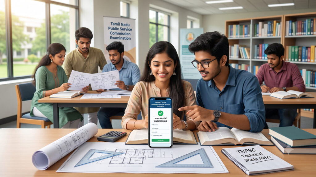 TNPSC Combined Technical Services Recruitment 2026 Out – Apply Online for 839 Massive Vacancies | High Salary, Qualification & Last Date Inside! 2 Group of Tamil Nadu engineering diploma students discussing blueprints and technical books for exam preparation