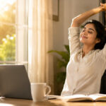 Indian professional stretching near sunny window for Vitamin D bone health.