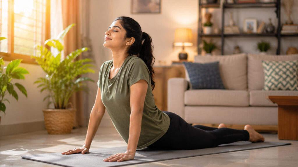 எலும்புவலி & வைட்டமின் D குறைபாடு: WFH ஊழியர்களுக்கான தீர்வு 2026 2 Indian woman performing spine stretch exercises for back pain relief.