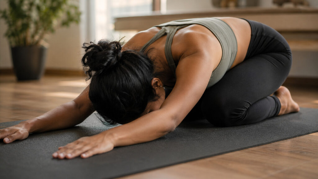 Young Indian person doing Child Pose yoga stretch for lower back muscle relaxation.