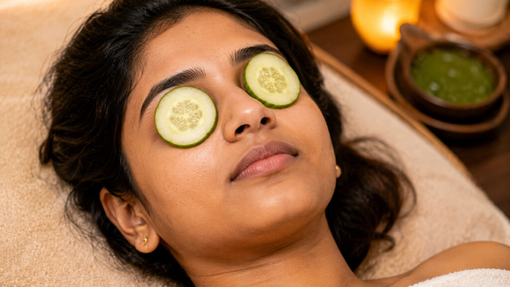Cucumber slices on eyes for dark circles and eye strain relief Tamil