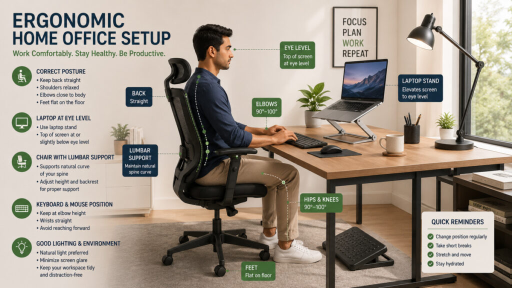 எலும்புவலி & வைட்டமின் D குறைபாடு: WFH ஊழியர்களுக்கான தீர்வு 2026 3 Proper ergonomic work from home posture setup to prevent bone pain.