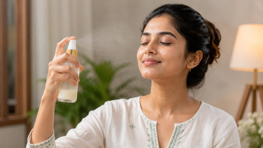 ஜூலை சீசனில் குளோயிங் ஸ்கின் பெற 3 எளிய டிப்ஸ் 2026 1 South Indian woman using natural rice water face mist for glowing skin Tamil