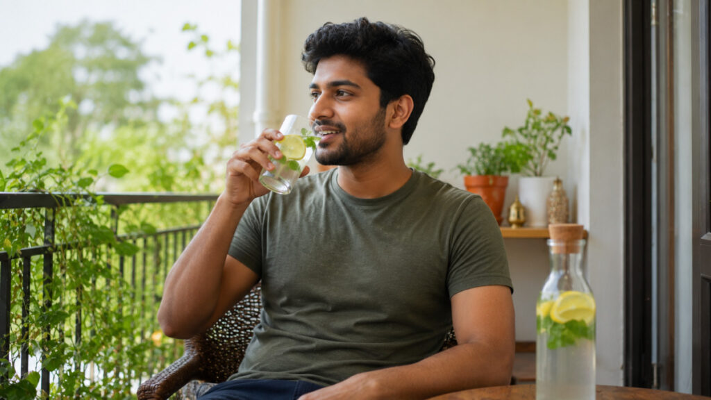 உடலில் நச்சுக்களை நீக்க 3 டிடாக்ஸ் வாட்டர் 2026 Tamil 3 Healthy Indian man drinking lemon mint detox water for toxin removal Tamil