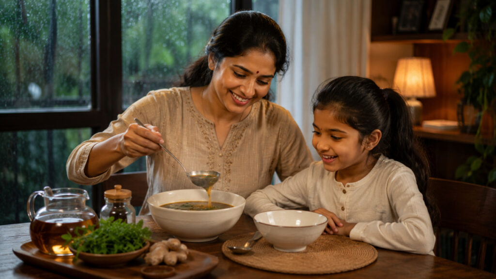 Indian family eating traditional digestion foods in winter rainy season Tamil