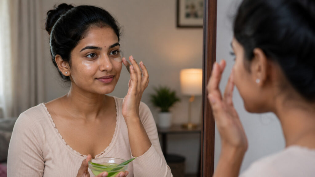 South Indian woman applying aloe vera gel for dark circles treatment Tamil