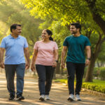 Indian family walking together in a green park during morning walk for health benefits.